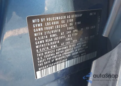 2017 Volkswagen Tiguan 2.0T/2.0T S из США, поврежденный, VIN WVGAV7AX9HK004540